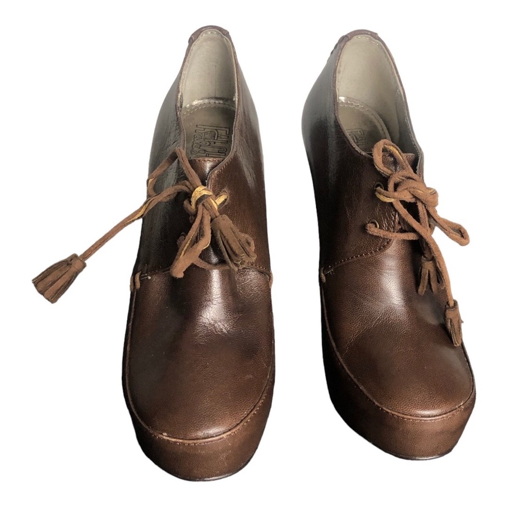 Faichi, brown lace-up booties with chunky heel, women size 6